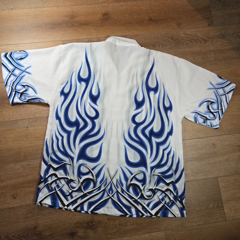 Authentic Shaolin Shirt Mens L White Blue Flame Button Up Short Sleeve Y2K Style - Picture 7 of 8
